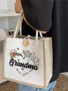 "Best Grandma Ever"Print Linen Tote Bag Set, Simple, Large-Capacity Shoulder Bag, Grandma Gifts For Grandmother From Grandchild, Casual Storage Tote, Multi-Functional Shopping Bag, Personalized Gift Bag, Or Lunch Bag – A Completely New Design.