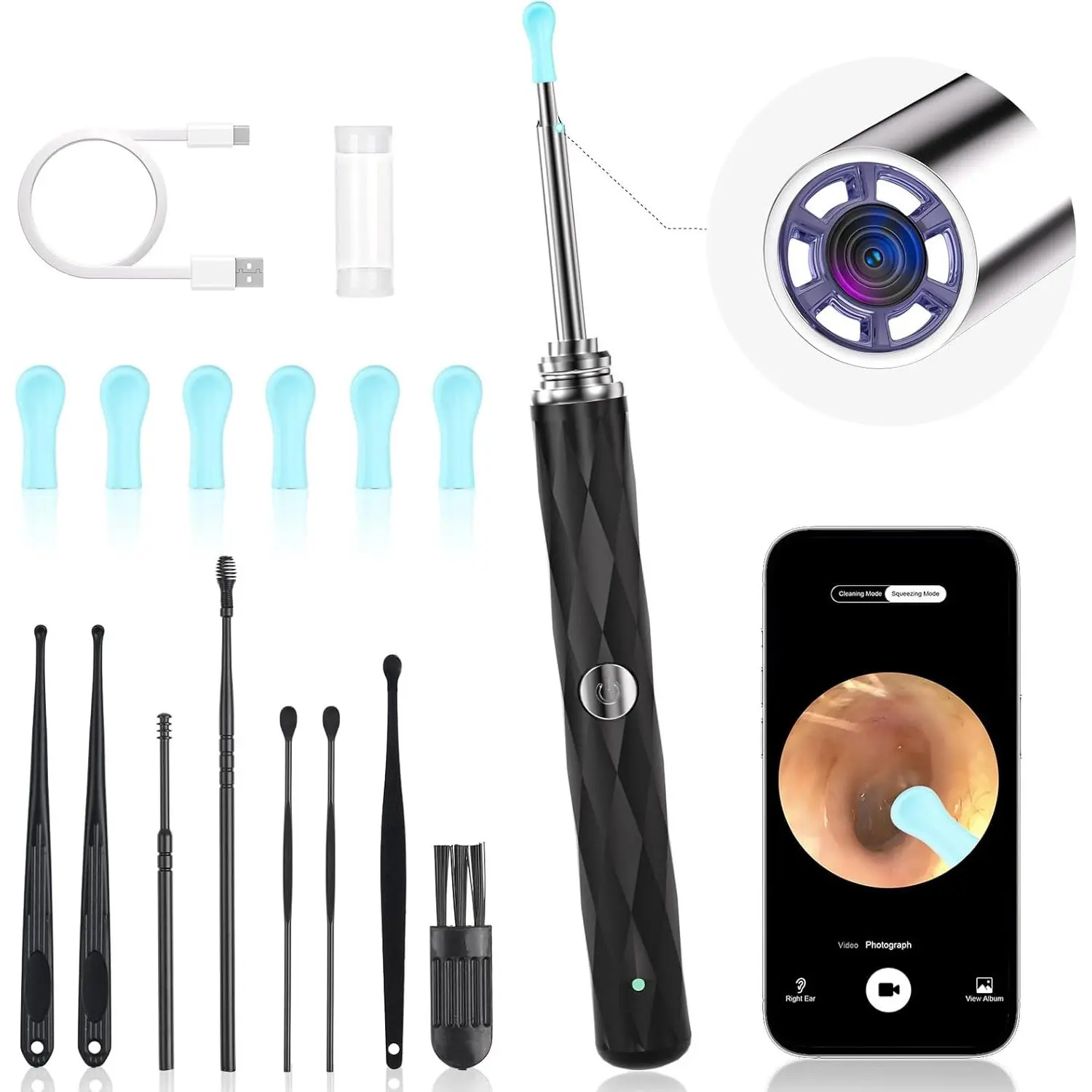 L-KCK011  High-Definition Ear Wax Removal, Wireless Ear Cleaner, Safe and Gentle Ear Wax Removal Kit, Rechargeable Ear Cleaner with Camera and Light, Ear Cleaning Kit for Android and iOS (Black)