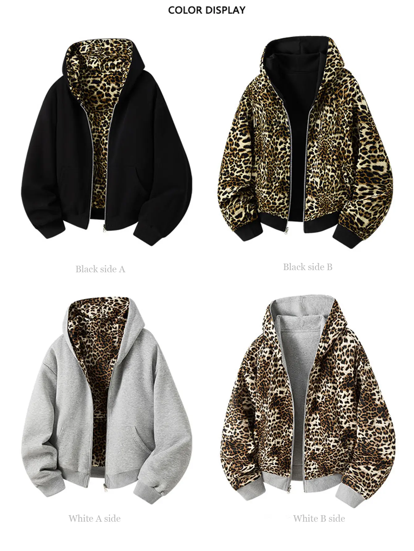 Reversible Leopard Print Zip Up Hoodie Oversized Y2K Streetwear Sweatshirt, Double Sided Hooded Jacket with Pockets, Casual Fall Winter Coat, Loose Fit Aesthetic Outerwear for Women, Trendy Animal Print Hoodie for Daily Outfits, Viral TikTok Style Fashion