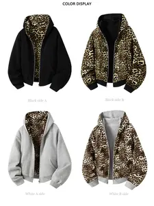 Reversible Leopard Print Zip Up Hoodie Oversized Y2K Streetwear Sweatshirt, Double Sided Hooded Jacket with Pockets, Casual Fall Winter Coat, Loose Fit Aesthetic Outerwear for Women, Trendy Animal Print Hoodie for Daily Outfits, Viral TikTok Style Fashion