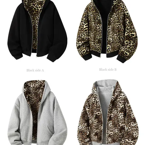 Men's Stylish Double-Sided Animal Print Zip-Up Hoodie - Oversized Y2K Menswear Streetwear Top, Polyester Blend Long-Sleeve Casual Sweatshirt with Pockets for Fall Winter