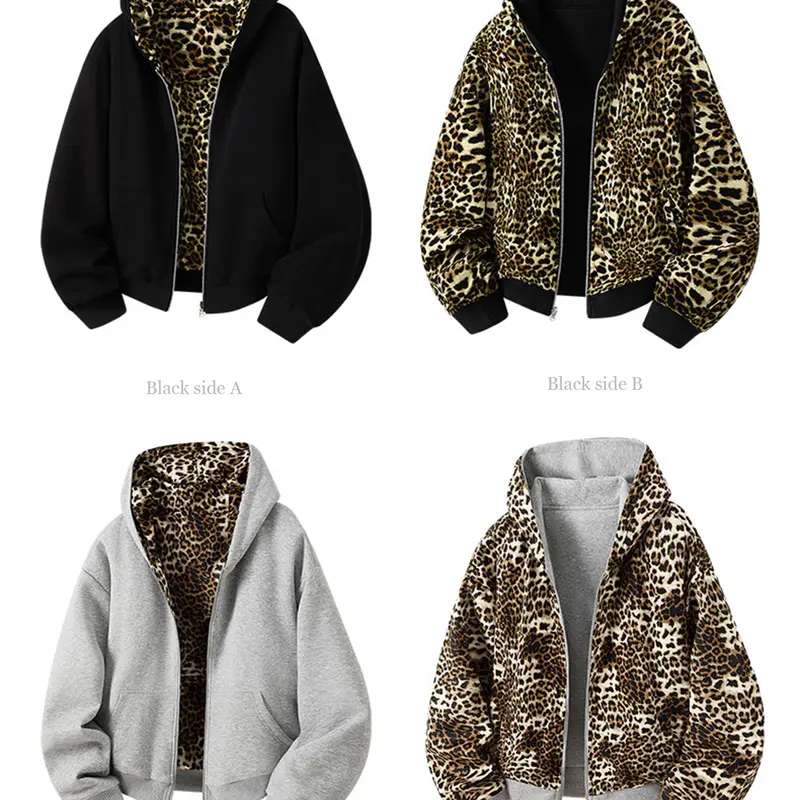 Men's Stylish Double-Sided Animal Print Zip-Up Hoodie - Oversized Y2K Menswear Streetwear Top, Polyester Blend Long-Sleeve Casual Sweatshirt with Pockets for Fall Winter