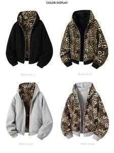 Reversible Leopard Print Zip Up Hoodie Oversized Y2K Streetwear Sweatshirt, Double Sided Hooded Jacket with Pockets, Casual Fall Winter Coat, Loose Fit Aesthetic Outerwear for Women, Trendy Animal Print Hoodie for Daily Outfits, Viral TikTok Style Fashion