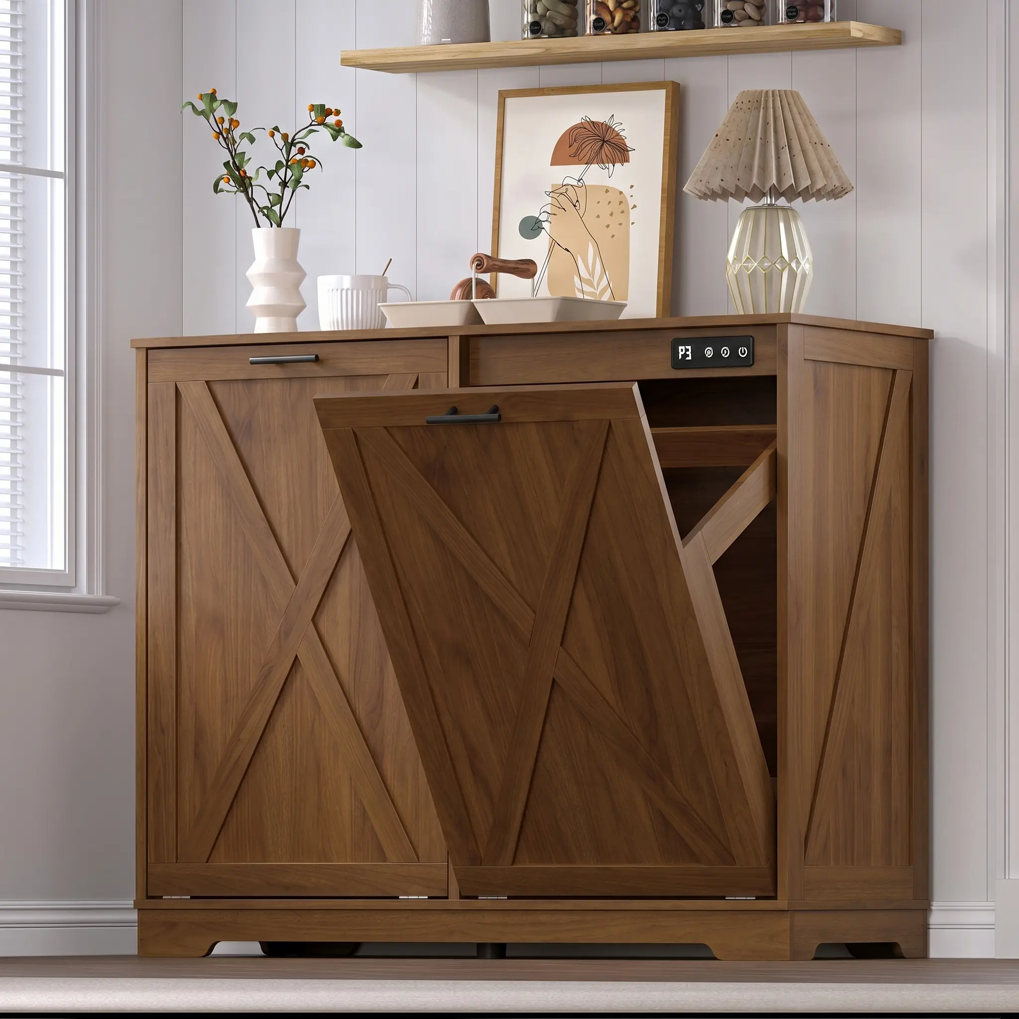 Indoor Furniture Tilt-Out Dual-Bin Cabinet with Odor Control, Space-Saving Storage Cupboard for Home Use