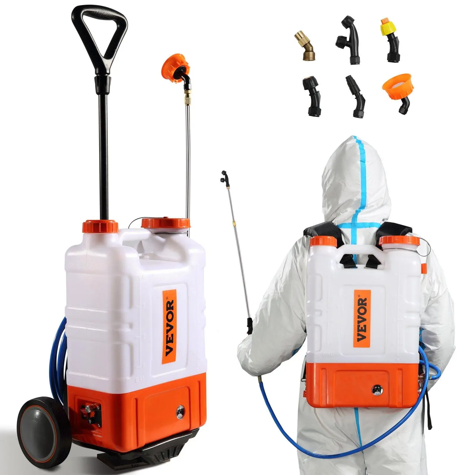 VEVOR Battery Powered Backpack Sprayer with Cart, 0-94 PSI Adjustable Pressure, 4 Gallon Tank on Wheels, with 8 Nozzles and 2 Wands, 12V 7.2Ah Battery
