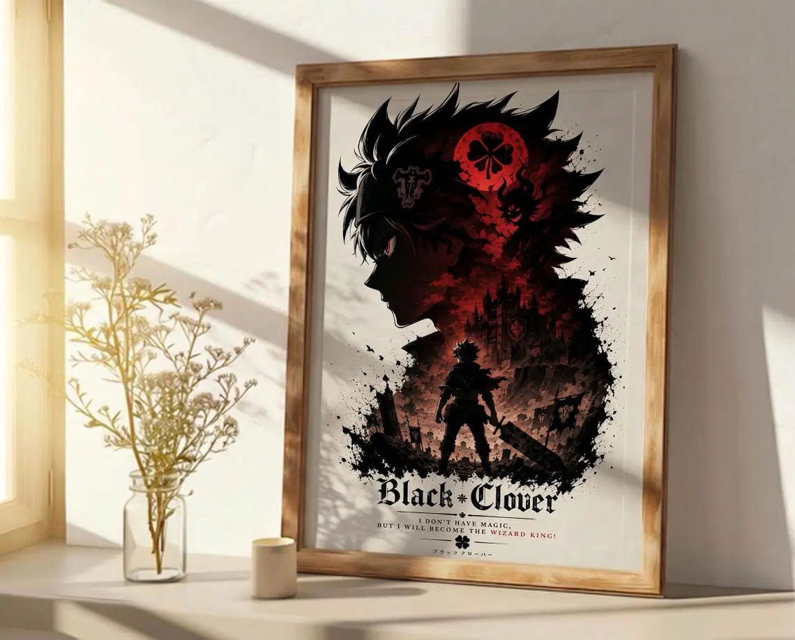 Black Clover Asta Poster Red & Black Anime Wall Art, Minimalist Manga Decor