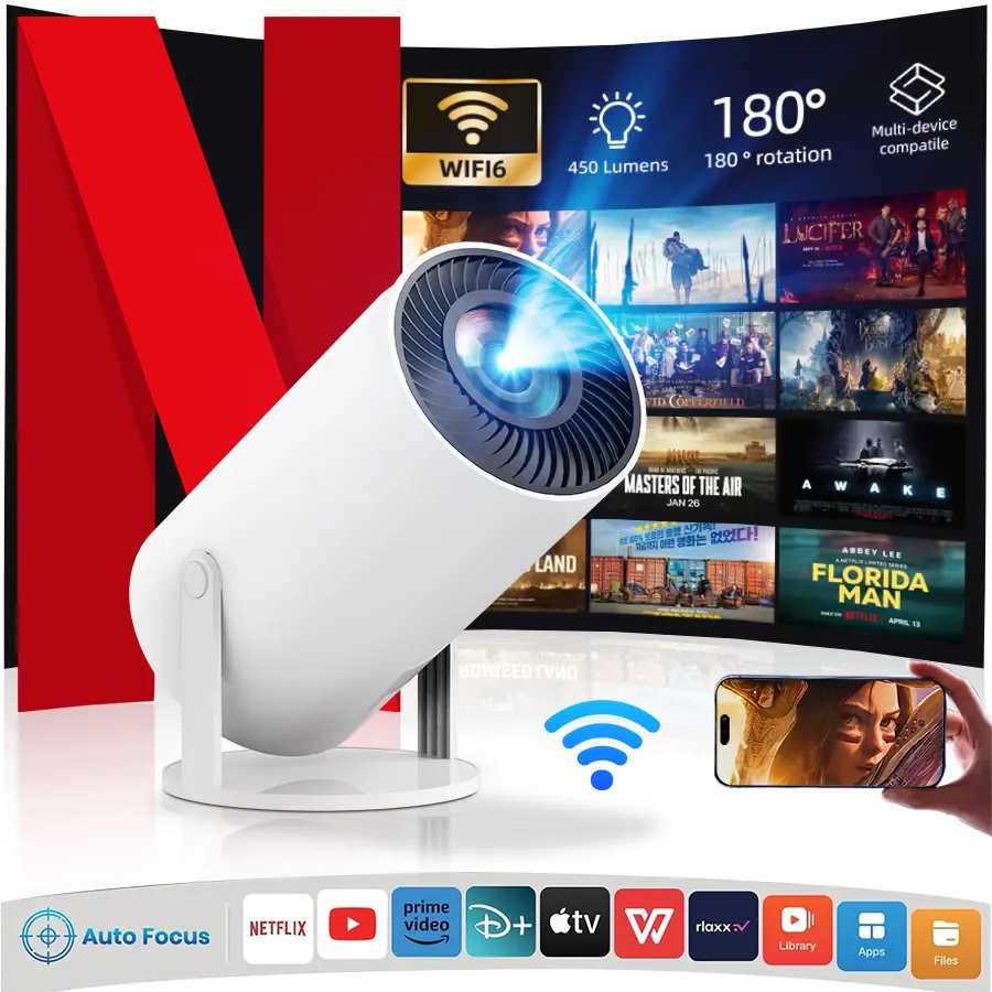 [US WAREHOUSE] Smart Mini Projector - 290ANSI Lumens, Auto Keystone Correction, Built-in 5W Speaker, Dual WiFi6, Wireless BT5.4, Android Native 1280*720P, Portable Home Cinema for Indoor, Backyard Camping, Rooftop Party Use