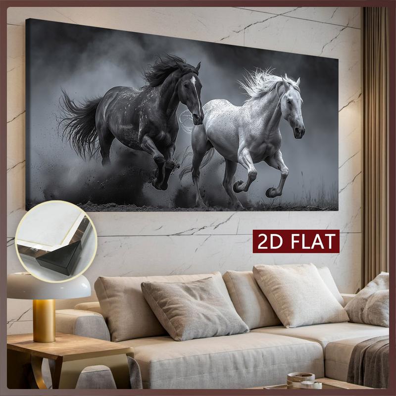 2D Flat Single Piece Wooden Frame Canvas Painting, Depicting a Black and White Horse Running in the Dust.This Exquisite Poster Can Be Used as Home Decoration and Wall Art, Suitable for Living Room, Bedroom, Office, Dining Room