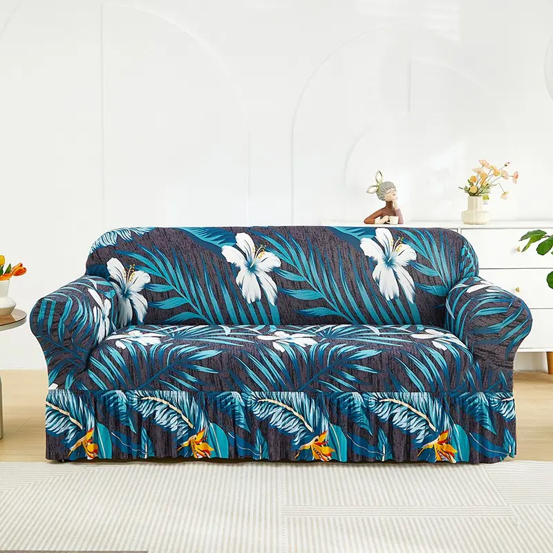 Tropical Jasmine Palm Leaf Elastic Sofa Cover, Blue Patchwork, Pet-Proof Washable, Single to Four-Seater Sofa Protector, Stretch Sofa Cover