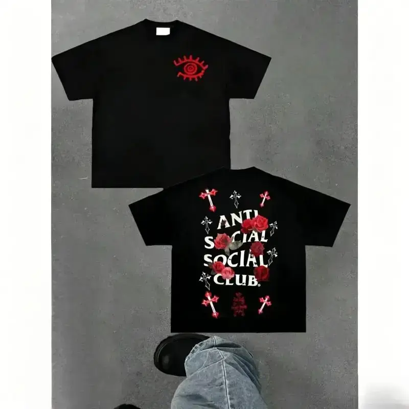 Unisex Anti Social Social Club Loose Graphic Tee Gothic Red Rose & Cross Print Black Casual Streetwear T-Shirt For Gen Z Urban Fashion