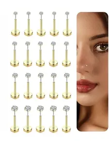 Golden Women's Nose Stud, 316L Medical-Grade Stainless Steel, Threadless Nose Ring, Lip Stud, Push-Back Flat-Back Earring, Cubic Zirconia, Nose Stud, Nostril, Earlobe, Helix, Body Piercing Jewelry, 18G