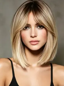 Ash Blonde 10inch Heat Resistant Synthetic Fibers Hair Wig Roots Brown  No Glue Beginner Friendly Easy To Style Full Machine Made For Women Daily Wear Cosplay Party