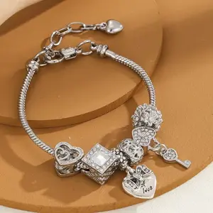 Elegant stainless steel pendant bracelet with rhinestone heart and key charms - versatile DIY jewelry, suitable for everyday wear and special occasions, everyday accessory | vacation style | comfortable to wear, unisex, women's jewelry