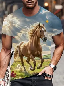 Men's 3D Horse Pattern Long Fitted Casual Tee, Short Sleeves All-Over Design, Ideal Gift Choice for Daily Wear Comfort