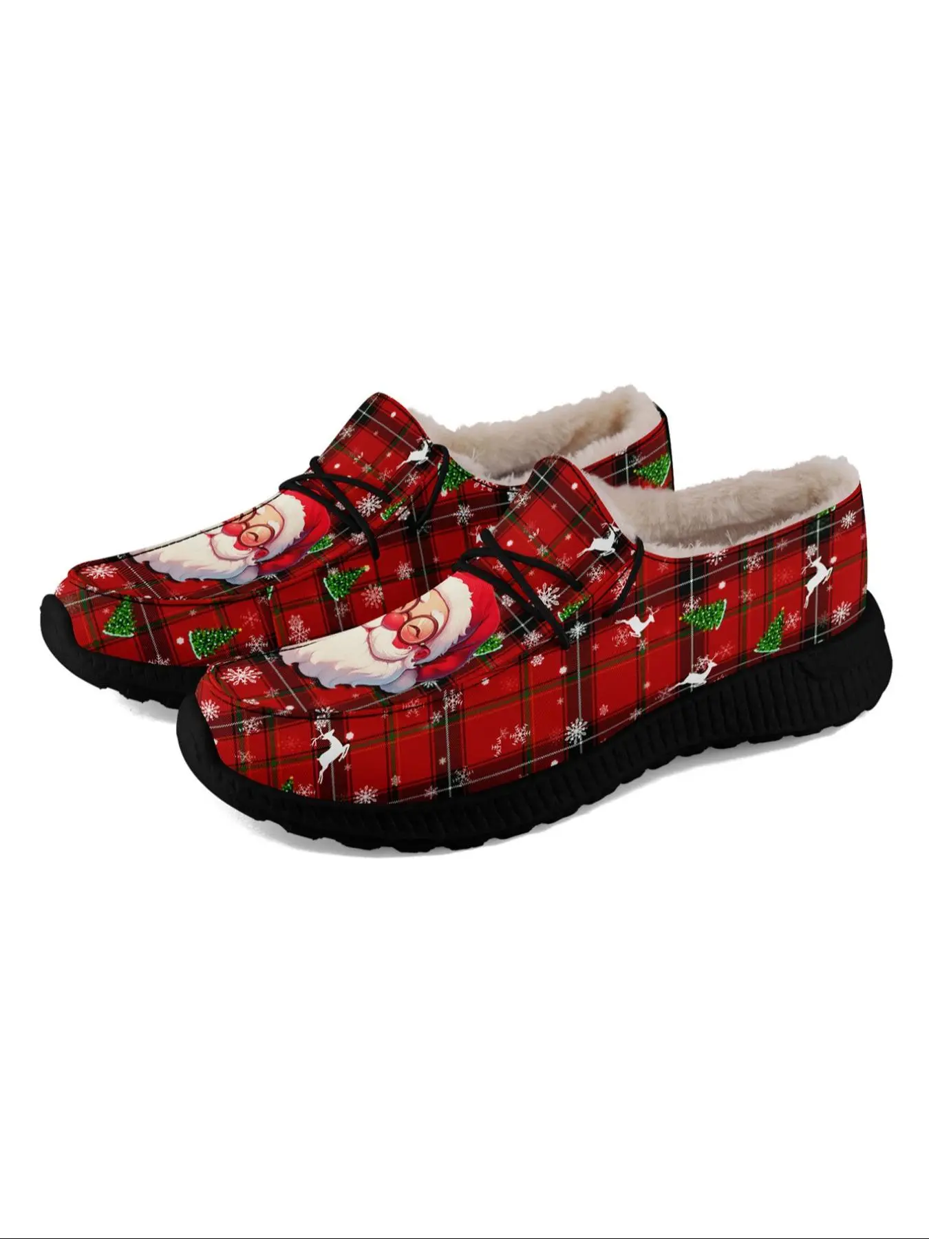 Women's Christmas Themed Cartoon Santa Claus Pattern Plush Lining Slip on Loafers, Casual Comfortable Non-slip Flat Shoes, Female All-match Round Toe Shoes for Daily Wear