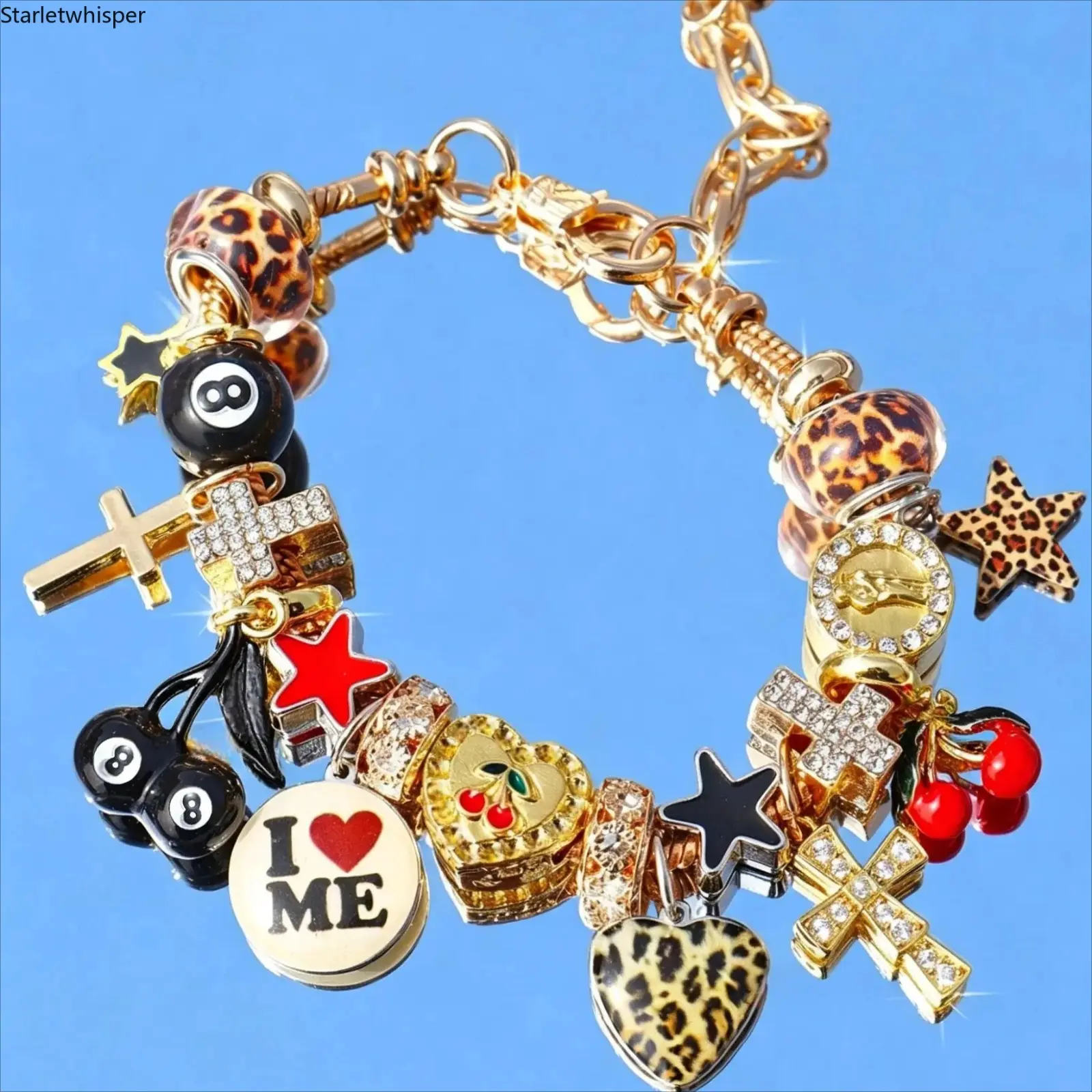 Sports Wristbands Cute Mixed Pattern Bracelet Set - Cherry Fruit, Leopard Animal Print, 8-Ball, Cross-Star Designs - Punk Aesthetic Fashionable Bangles, Link Bracelets, Female Trendy Accessories for Music Festival, Daily Styling