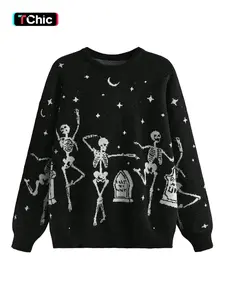 Halloween Skull Graphic Knit Silly Pullover Sweater, Vintage Fashion Colorblock Round Neck Jumper, Soft Comfortable Casual Wear, Knitwear Garment, Fall Winter Knitwear