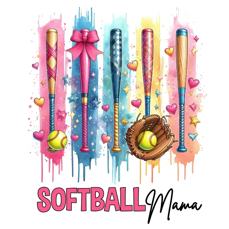 Softball Colorful Bat Collage Direct To Film Print, DTF Print, Ready To Press Print For T-shirts