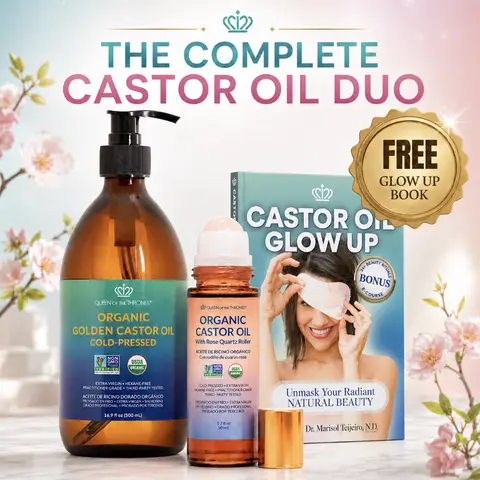 Organic Golden Castor Oil refill bottle of 16.9oz with dark amber glass organic and hexane with a Castor Oil Rose Quartz roll FREE travel friendly + a FREE Castor Oil Glow Up Book
