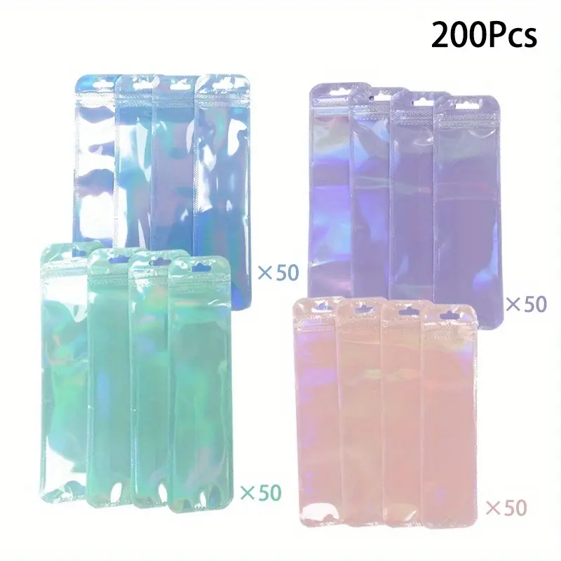 200pcs Pen Packaging Bags for Small Business, Holographic Reusable Dust-Proof Storage Bags, Resealable Foil Pouch Bag for Pens, Holographic Zipper Bags Smell Proof Storage Bags for Packaging Lipgloss, Jewelry, Cosmetic(2.17x8.66 Inch)