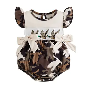 Duck Hunting Baby Clothes Infant Baby Girl Boy Mallard Duck Embroidered Camoflage Bubble Romper Summer Ruffle Bows Onesies Bodysuit