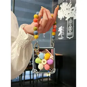 Ins Mirror Rainbow Flower Brace Phone Case with Bead Bracelet for Galaxy Z Flip 7 Z Flip 4 5G Zflip5 Zflip 6 Shockproof Cover