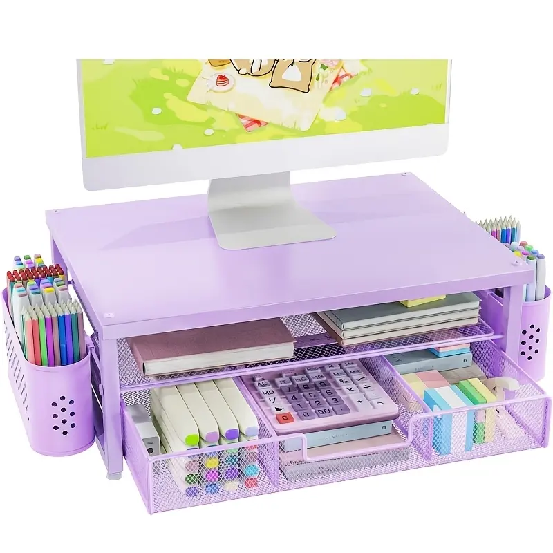 2-Tier Laptops/Monitors Desk Organizer with Storage Shelf, Pen Holders - Space-Saving Computer Holder for Office Use, Desk Accessories for Notebooks, Stationery, Post-Notes