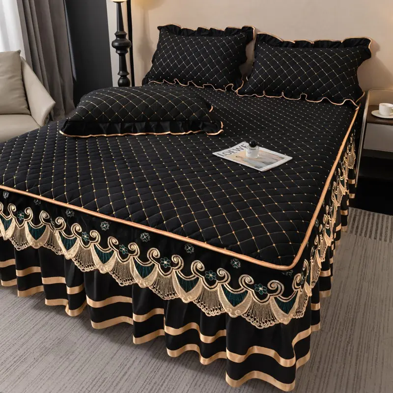 3pcs Cotton Lace Bedskirt Set, Includes 1 Bedskirt & 2 Pillowcases, Thick Quilted Mattress Protector, All Seasons, Decorative Bedding Set