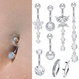 Female 8Pcs 14G CZ Heart Opal Bow Clicker Floating Navel Piercing Jewelry, Silver/Gold/Pink Belly Button Rings, Body Piercing Jewelry for Women