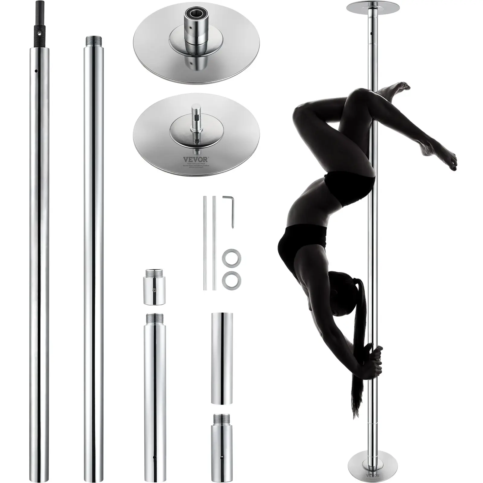 【Summerfinds】VEVOR 45mm Heavy-Duty Rust-Resist Coat Stainless Steel Dancing Pole Kit, 200kg Capacity, Ceiling-Free Setup, Dual Spinning-Static Mode, Portable Height-Adjustable Silver Pole Fitness Gym Exercise Equipment with Rubber Parts for Home Gym