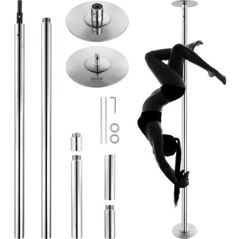 VEVOR 45mm Heavy-Duty Rust-Resist Coat Stainless Steel Dancing Pole Kit, 200kg Capacity, Ceiling-Free Setup, Dual Spinning-Static Mode, 110.6x9.1x9.1 Inches Portable Height-Adjustable Silver Unisex Gym Equipment with Silicone Hand Guard for Home Gym,toolu