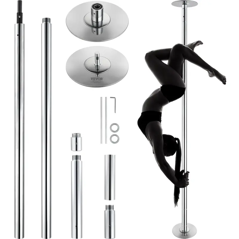 VEVOR 45mm Heavy-Duty Rust-Resist Coat Stainless Steel Dancing Pole Kit, 200kg Capacity, Ceiling-Free Setup, Dual Spinning-Static Mode, 110.6x9.1x9.1 Inches Portable Height-Adjustable Silver Unisex Gym Equipment with Silicone Hand Guard for Home Gym,toolu