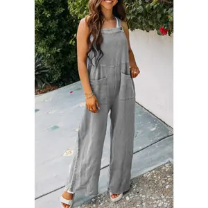 Gray Textured Wide Leg Overall with Pockets
