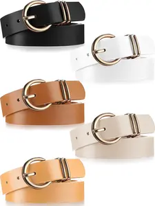 5 Pcs Women Leather Belts for Jeans Pants Dresses Fashion Womens Ladies Belt with Gold Buckle, Small to Plus Size