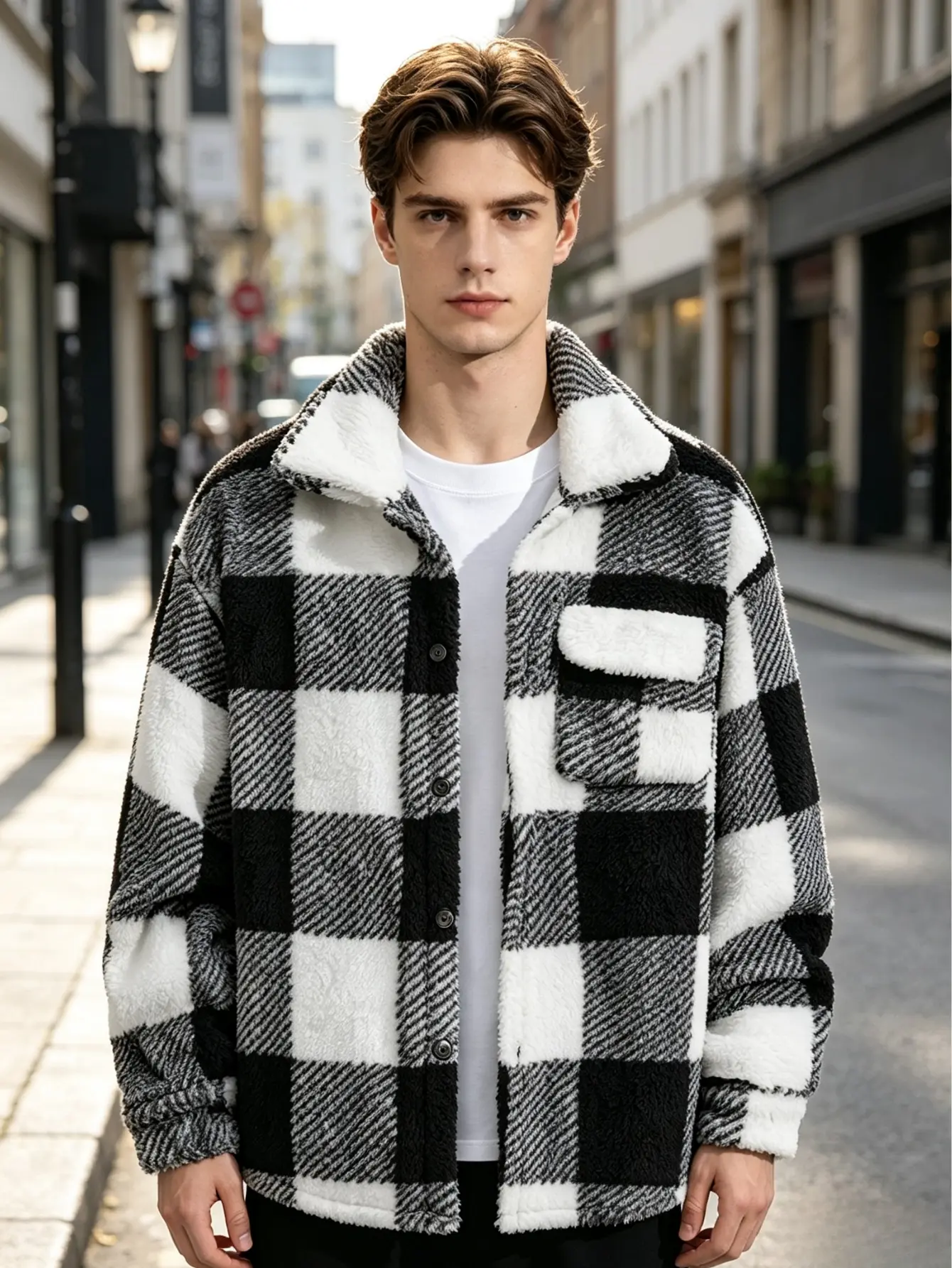 Men’s plaid lambswool shirt jacket with turn-down collar, single-breasted closure, plush thick fabric, pockets—loose-fit streetwear outerwear for autumn/winter warmth.