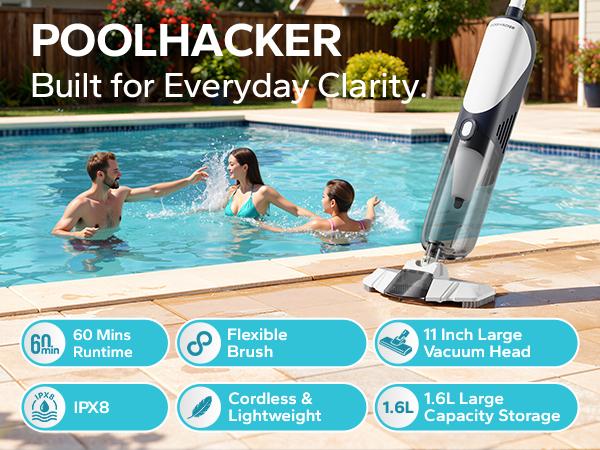 POOLHACKER Cordless Handheld Pool Vacuum for Above Ground Pool & Inground Pools,Pool Vacuum Cleaner Flexible Head for Curved, 18.5 GPM Strong Suction, 1-Click Debris Emptying, Rechargeable