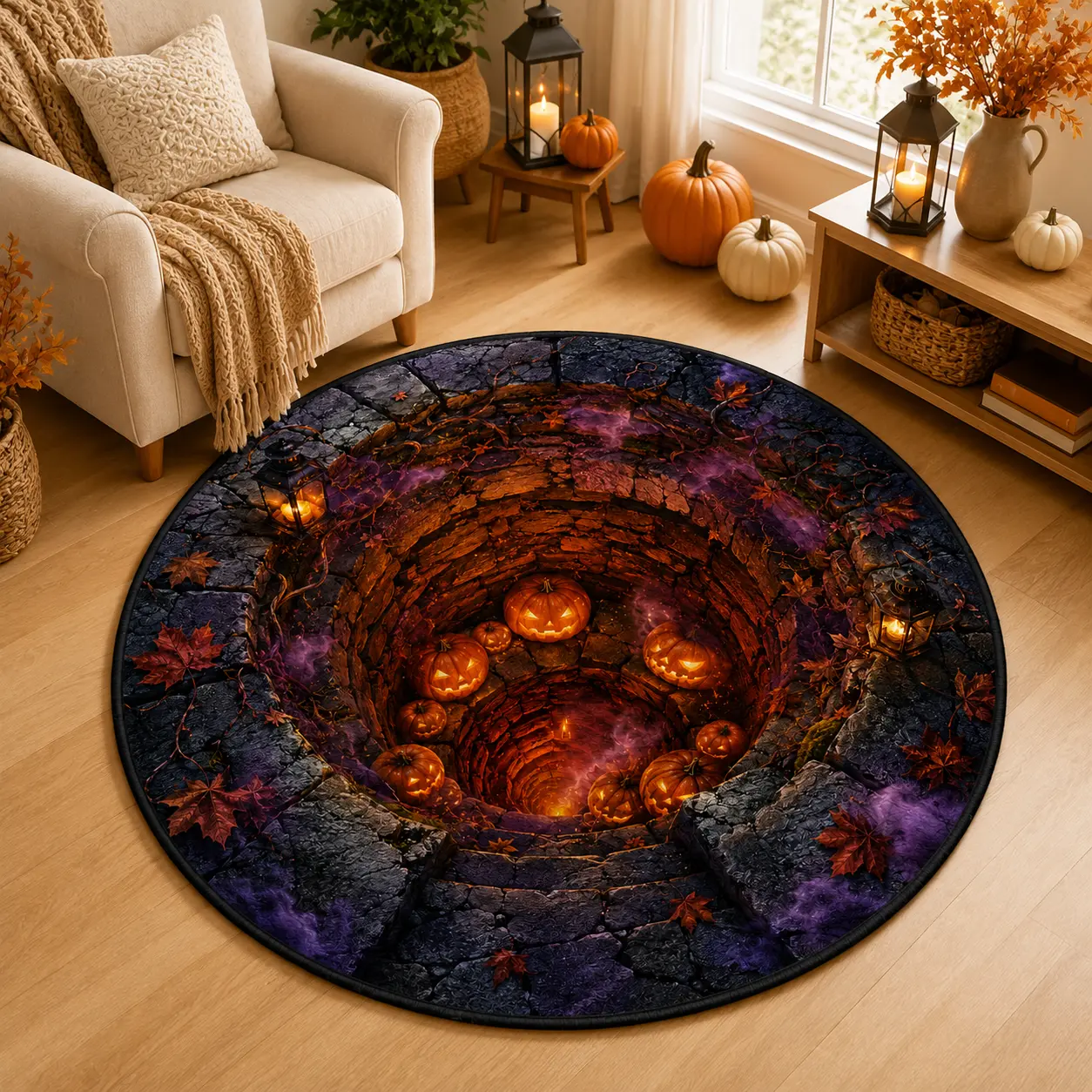 Halloween 3D Pumpkin Abyss Round Rug, Glowing Jack O Lantern Deep Pit Optical Illusion Floor Mat, Spooky Non-Slip Washable Rug for Entryway, Living Room & Halloween Decor