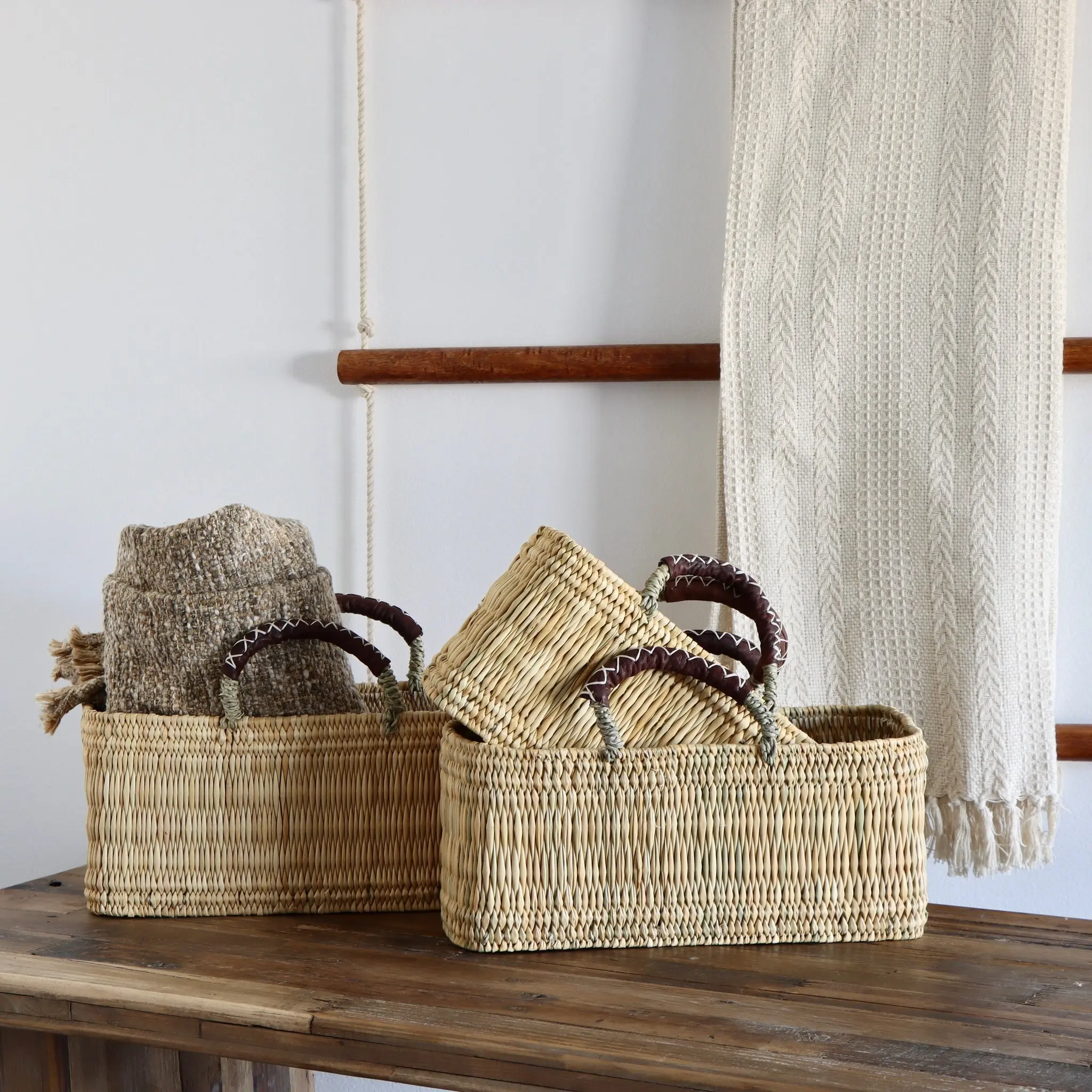 Market Reed & Leather Baskets - Set of 3