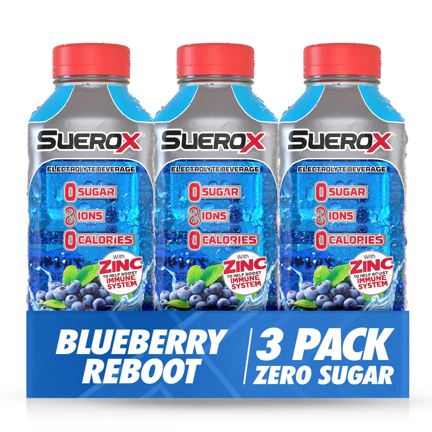 SueroX Zero Sugar Electrolyte Drink for Hydration and Recovery, Blueberry Reboot, 21 oz , (3 Pack)