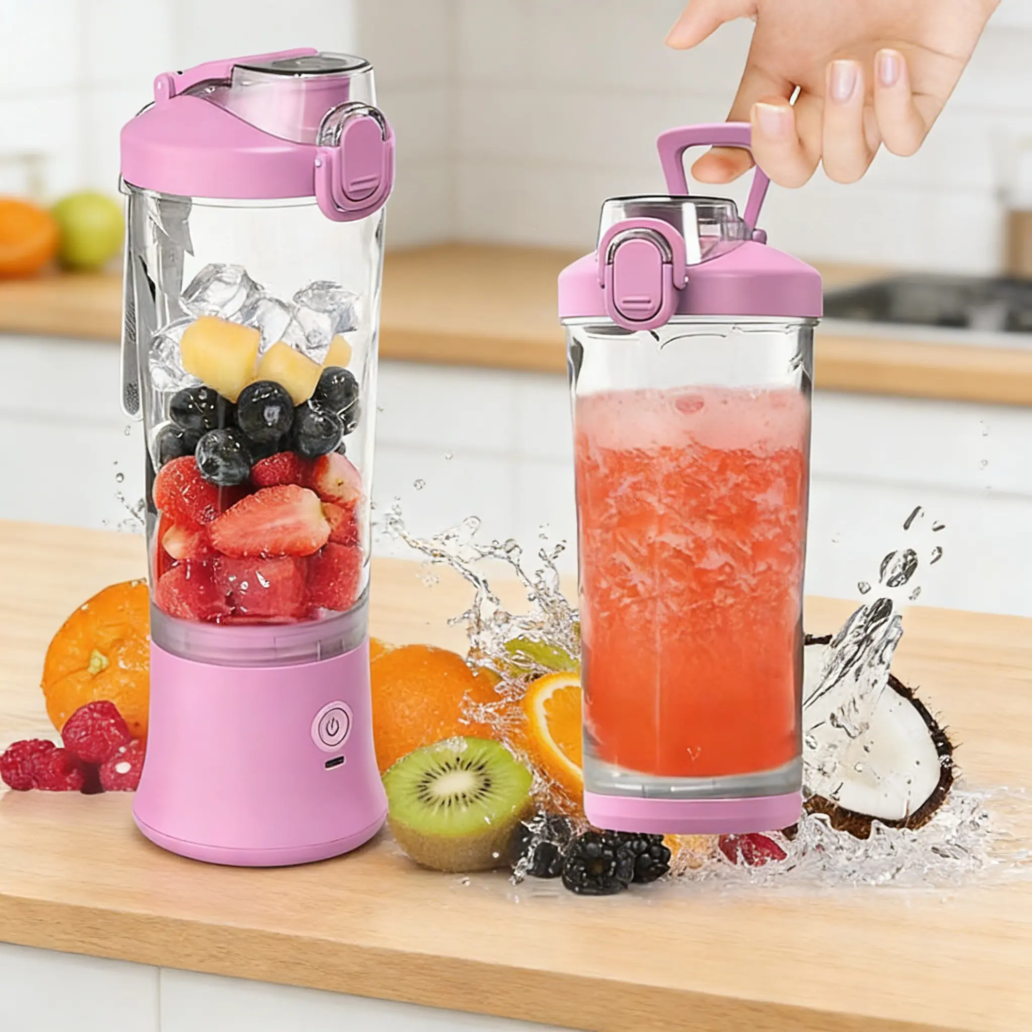 20oz Cordless Handheld Blender, 6-Blade Electric Personal Juicer Cup with Travel Lid, Rechargeable Lightweight Mini Mixer for Outdoor Travel & Home Use, Purple Pink Drink Maker, Fruit Vegetable Juicer