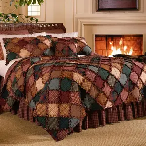 212 MAIN Woven Fabric Rag Quilt Bedding Set - 3-Piece Cotton Queen Size Bed Comforter (91x91 in), Multi-Color Campfire Patchwork with Frayed Edges for Cozy Warmth (American Heritage Textiles Z21706)