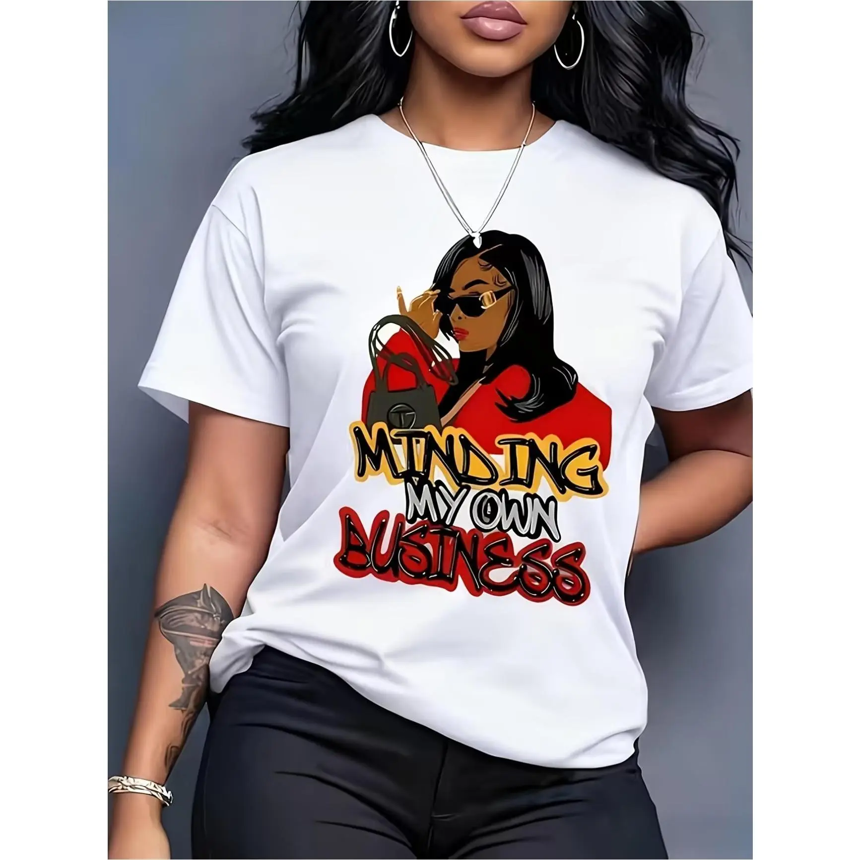 Trendy Chic Minding My Own Business Graphic T-Shirt | Perfect for Home, Outings, or Gifts | Ideal for Birthday | Casual Style with Alphabet Pattern for Spring/Summer