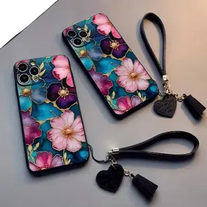 Floral Pattern Phone Case with Leather Heart Strap, Anti-Drop Thick Protective Cover for iPhone 17/16/15/14/13/12/11/x Pro Max Plus Accessories Casing