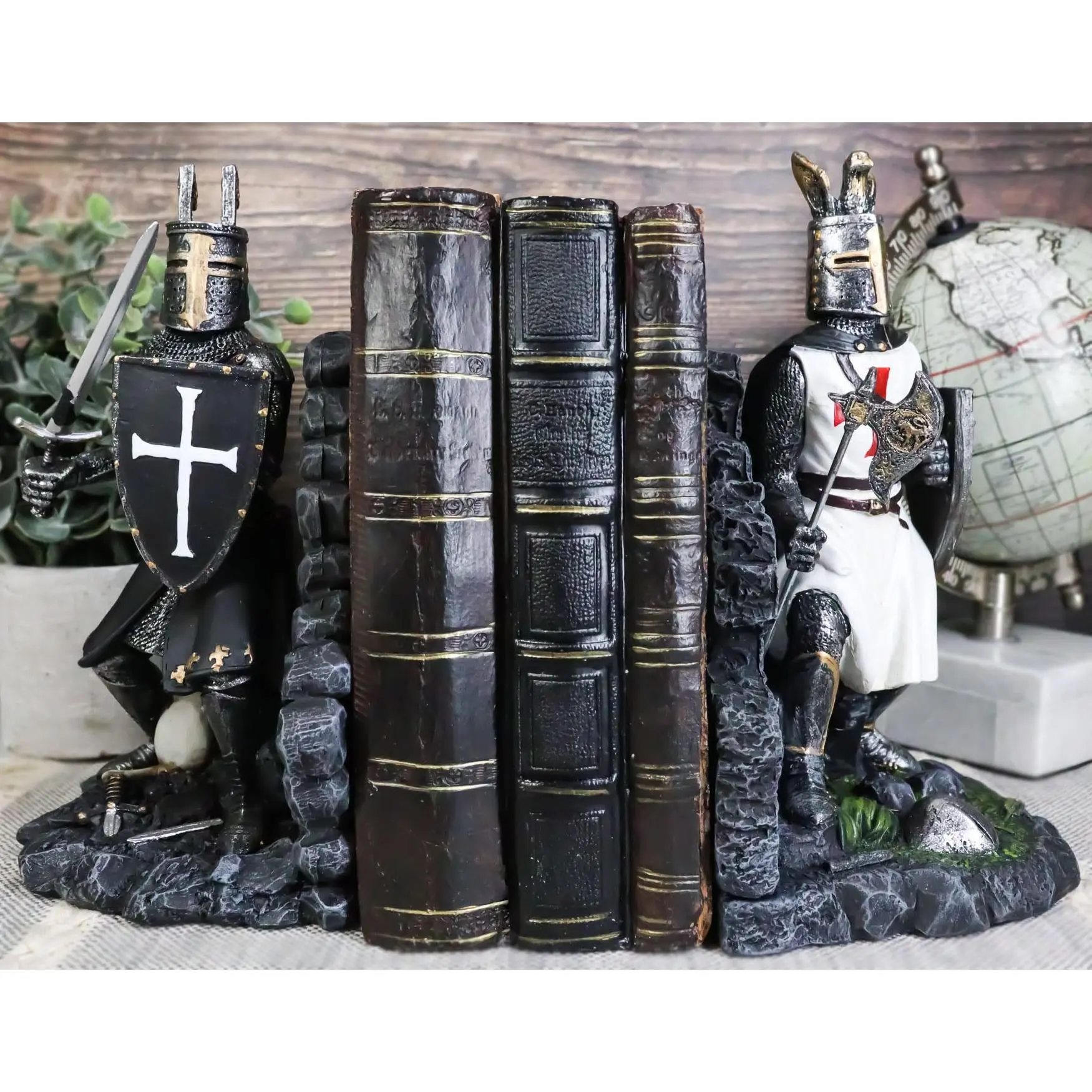 Resin Medieval Crusader Knight Bookends Statue Set - 7.5"H Polished Hand-Painted Armor with Cross Shield, Detailed Artwork, Styrofoam Box Packaging, Must-Have for Any Medieval Decor