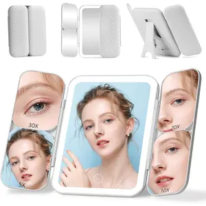 Tri-fold Vanity Mirror with Light,1X/5X/10X/20X/30X Makeup Magnifying Mirror with Lights,Rechargeable Travel Makeup Mirror with Foldable Stand,Dimmable in 3 Colors,Touch Control
