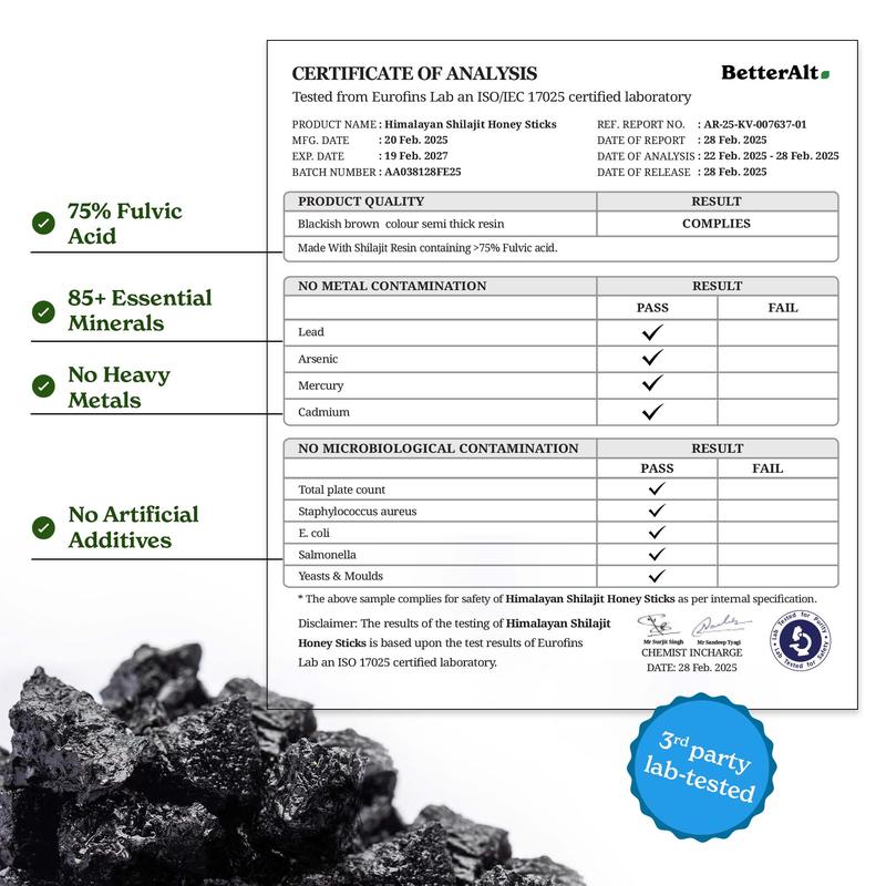 BetterAlt GOLD+ Choco Shilajit Honey Sticks | Lab-Tested for Purity | 85 Minerals & Fulvic Acid for Energy & Stamina | 30 Packs | Dietary Supplement