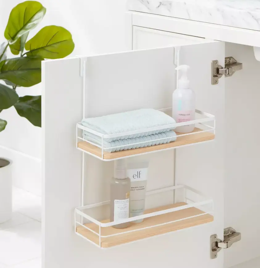 Matte White 2-Tier Over the Cabinet Hanging Shelf, Wooden Panel Storage Caddy for Kitchen & Bathroom Cabinet Doors