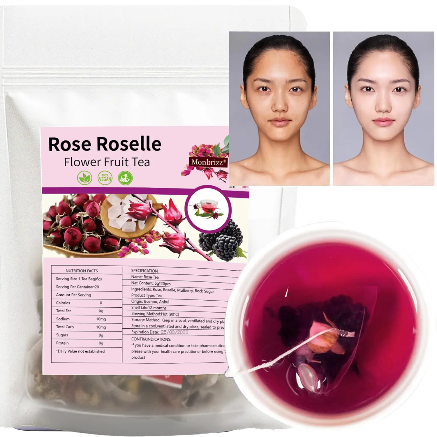 Monbrizz Beauty tea Bright Beauty Tea Bags Black Mulberries Rose Black Wolfberry Tea 4.23oz/120g (20bags) Glow Beautiful Flower Tea Mulberry Black Goj