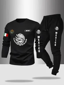 Men's Fall and Winter Casual Long Sleeve T-Shirt and Long Pants Set, Fabric, Graphic Design with Mexican Eagle and Snake, Perfect for Outdoor Activities