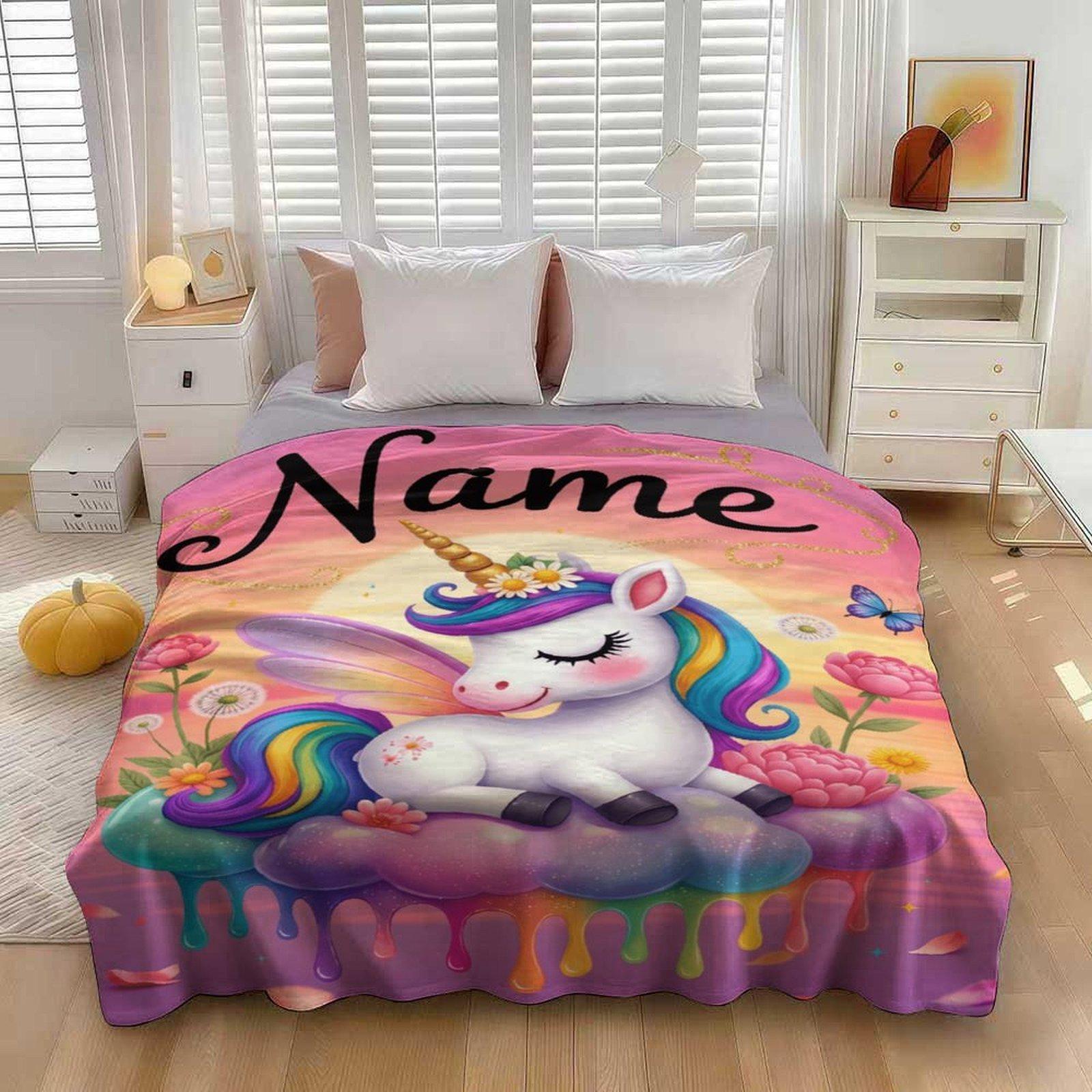 Custom Pink Unicorn Flannel Blanket ,Personalized Name Gift ,Suit for The Sofa, Bed, Travel, Camping, Living Room, Office, Chair，Gifts for Family or Child  ,Friend , Send your custom text via shop chat to personalize